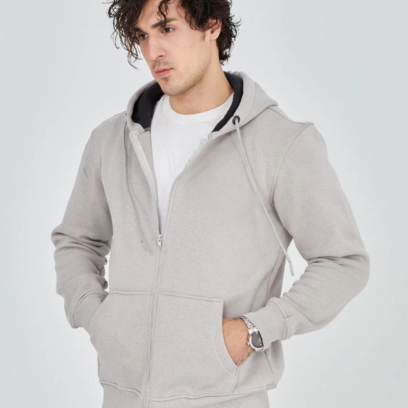 Tam Fermuarlı Kapşonlu  SweatShirt - Boyalı Gri